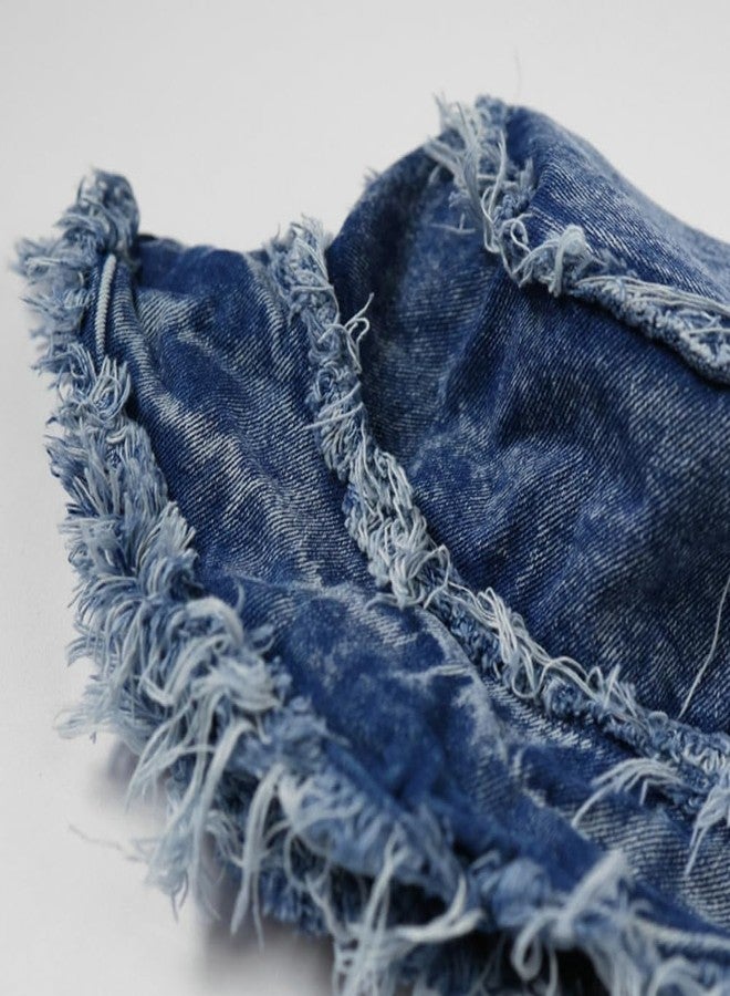Caistre Bucket Hat Denim Fisherman Hat for Women Fringe Wide Brim Summer UV Protection Sun Hat Distressed Beach Hat - Image 3